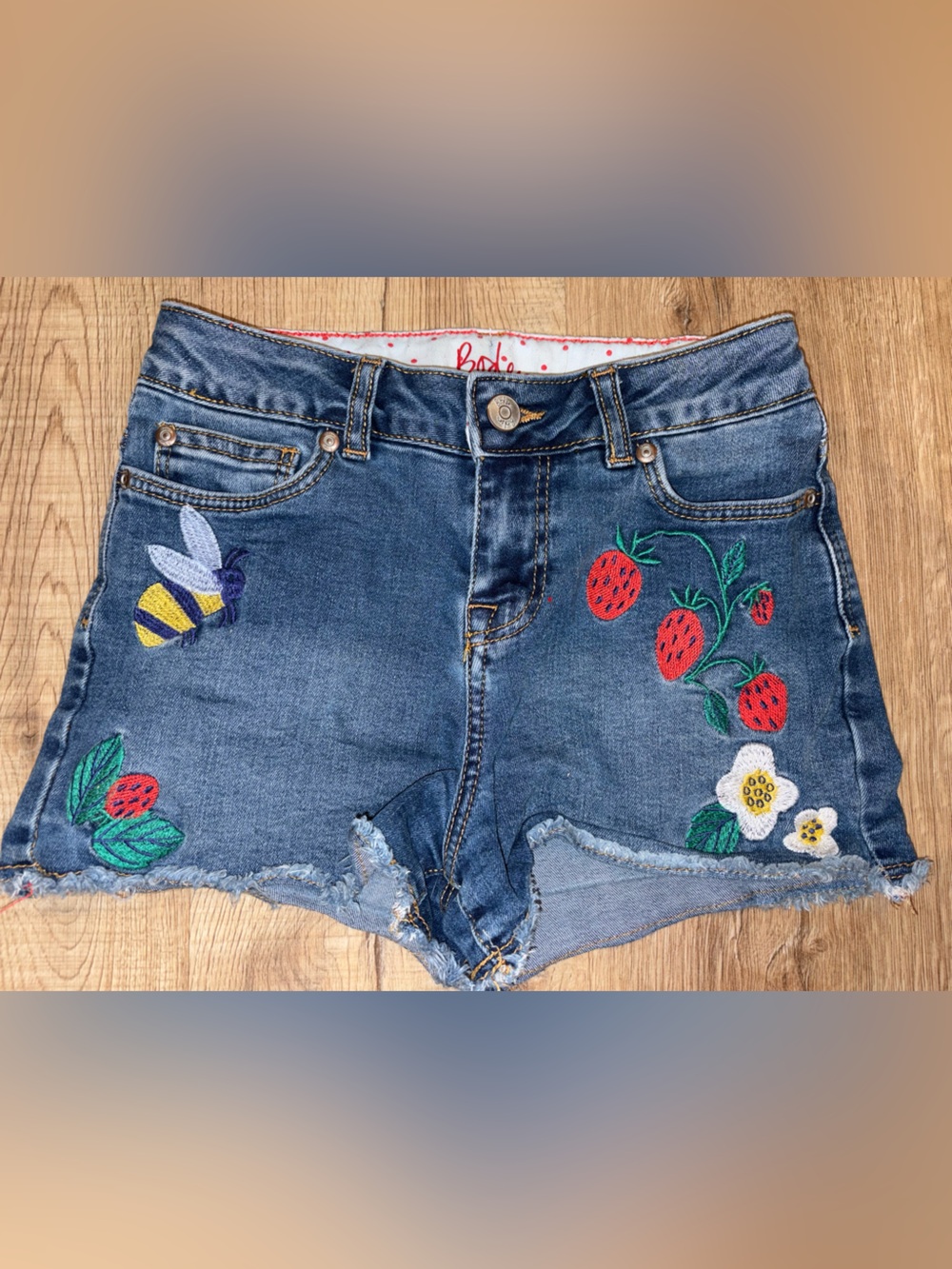 Mini Boden Denim Shorts with Strawberry & Bee Embroidery